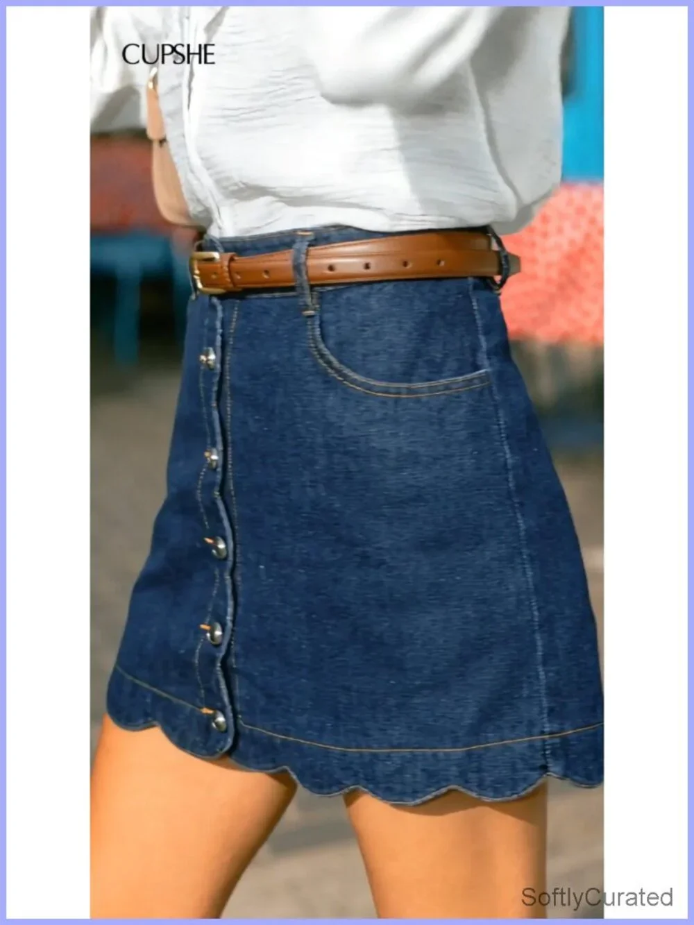 CUPSHE Denim Mini Skirt High Rise A-Line Scalloped Button Front Retro Chic